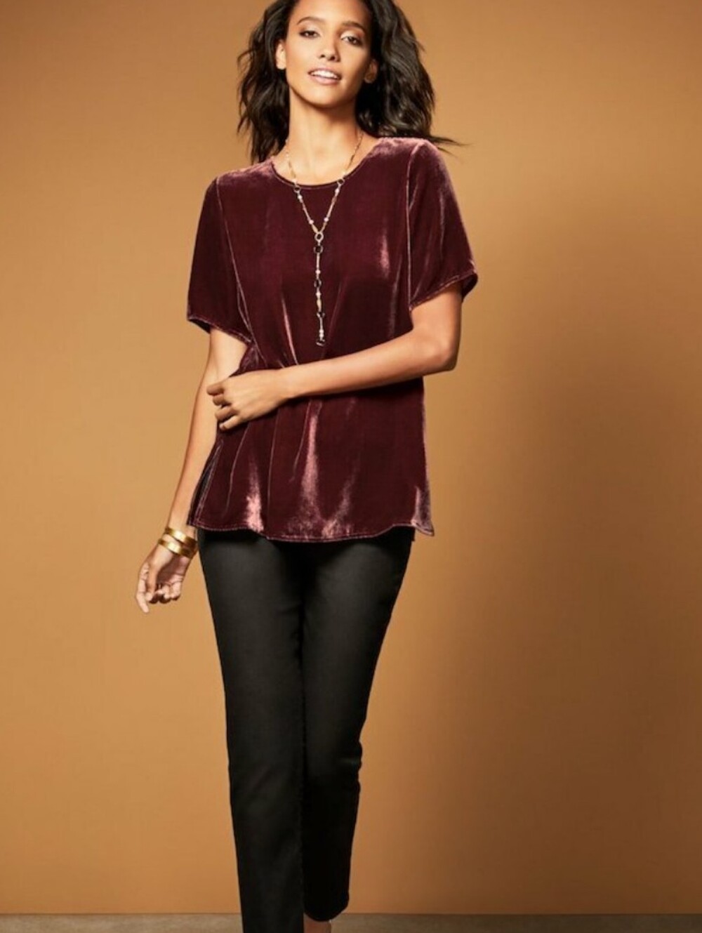 Eileen Fisher Velvet Short-Sleeve Tee in Deep Nutmeg Brown Relaxed Boxy Fit Sz L